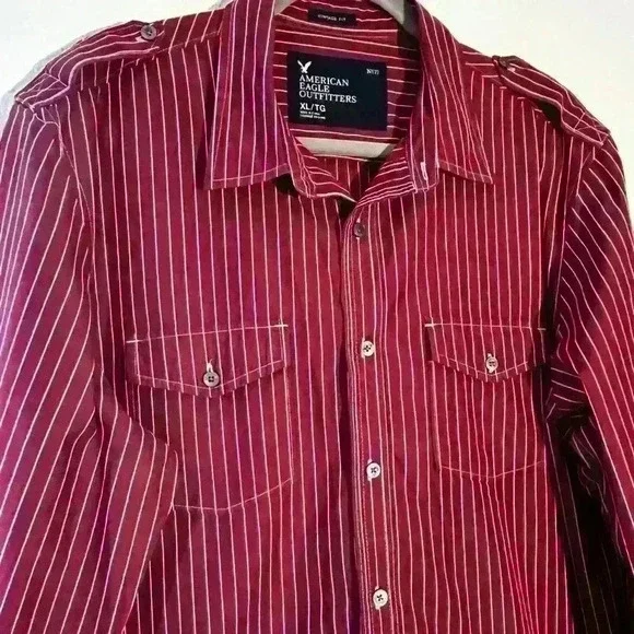 Men’s American Eagle Outfitters Red Striped Button Up Shirt 100% Cotton Size XL - Picture 6 of 9